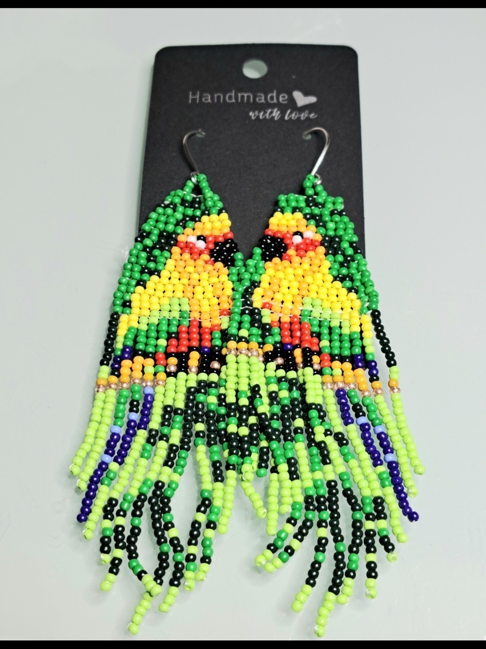 Green Parrot Beaded Fringe Earrings With Stainless Steel Ear Wires